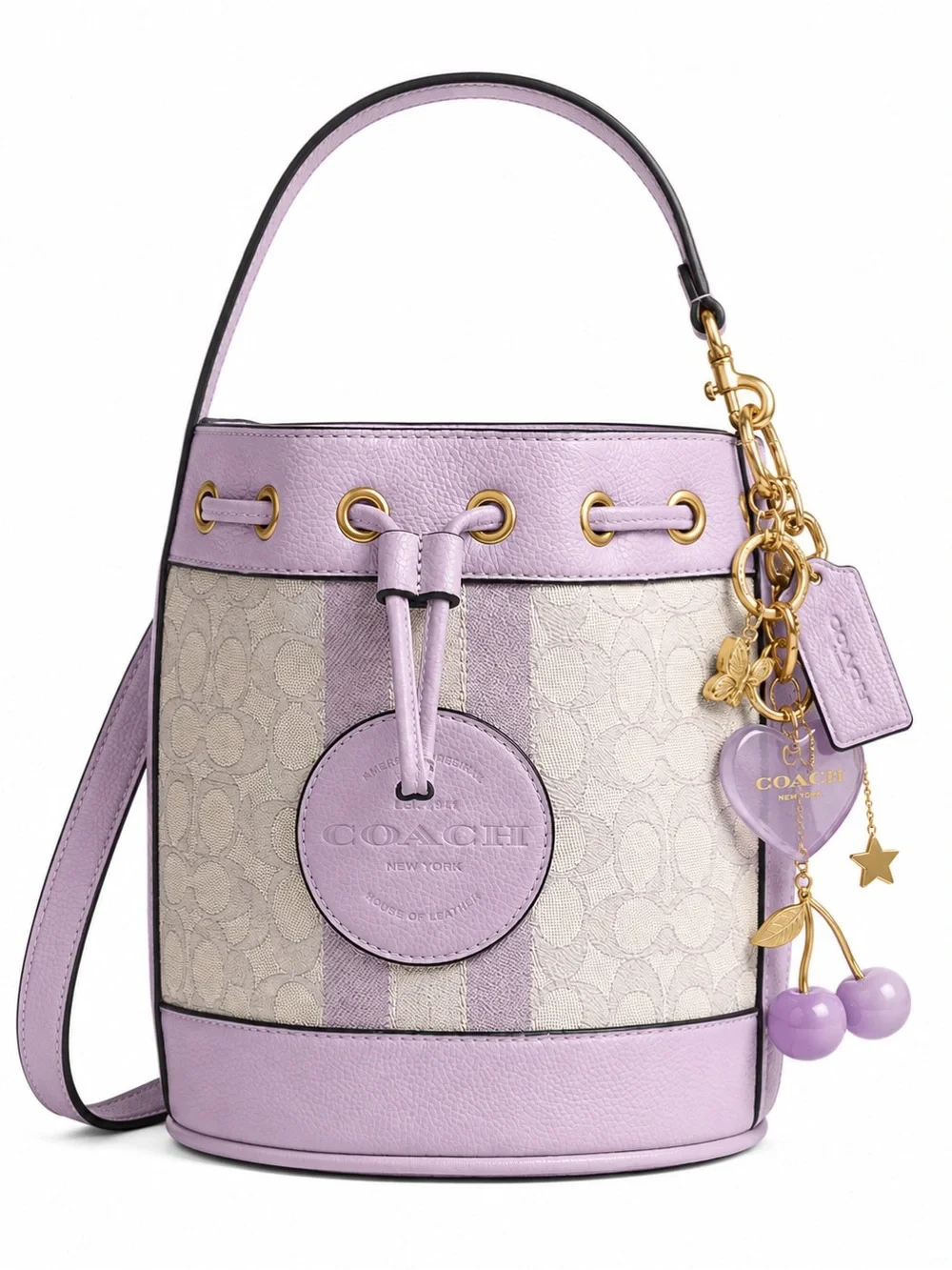 Coach Signature Stripe Dempsey Bucket Bag Lilac Lavender Monogram Purse